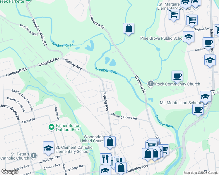 map of restaurants, bars, coffee shops, grocery stores, and more near 16 Agar Lane in Vaughan