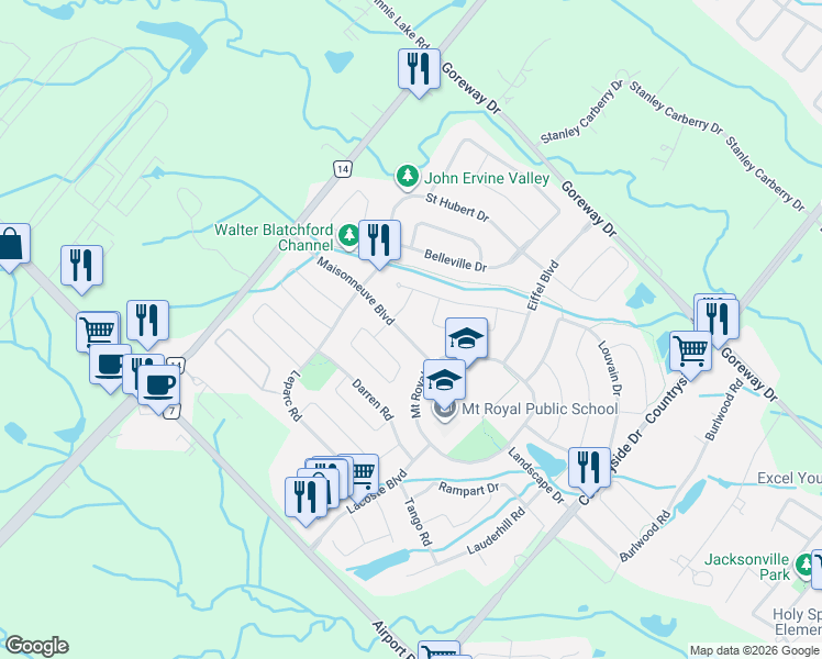 map of restaurants, bars, coffee shops, grocery stores, and more near 49 Maisonneuve Boulevard in Brampton