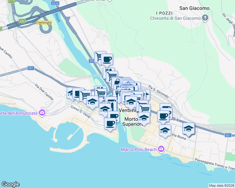 map of restaurants, bars, coffee shops, grocery stores, and more near 1 Via Aprosio in Ventimiglia