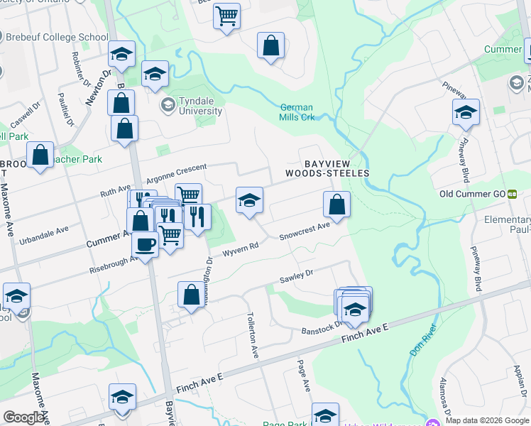map of restaurants, bars, coffee shops, grocery stores, and more near 6 Colonnade Road in Toronto