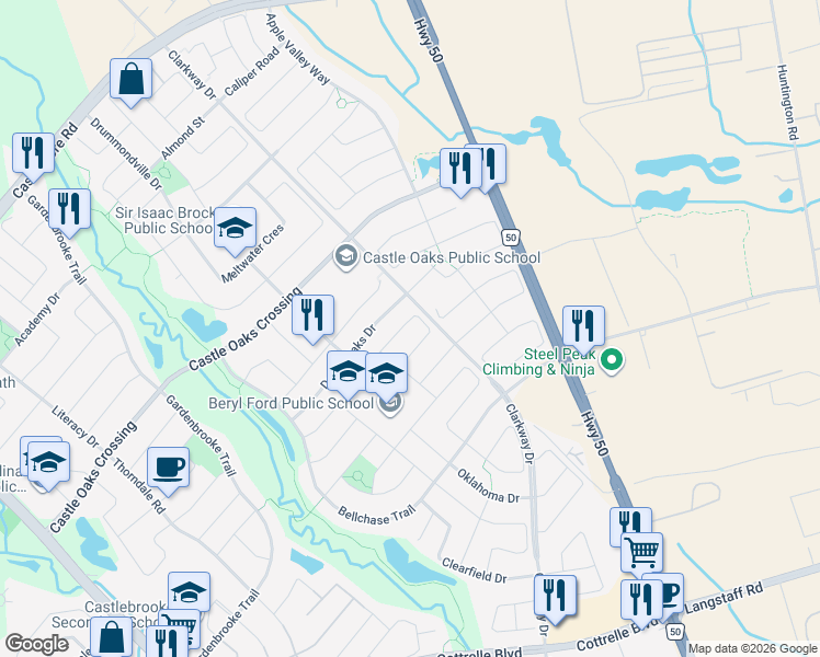 map of restaurants, bars, coffee shops, grocery stores, and more near in Brampton