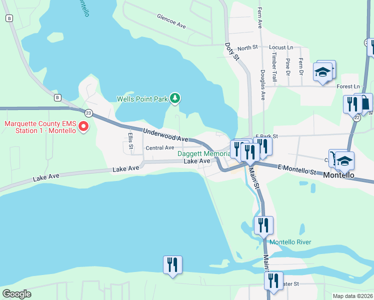 map of restaurants, bars, coffee shops, grocery stores, and more near 153 Lake Avenue in Montello