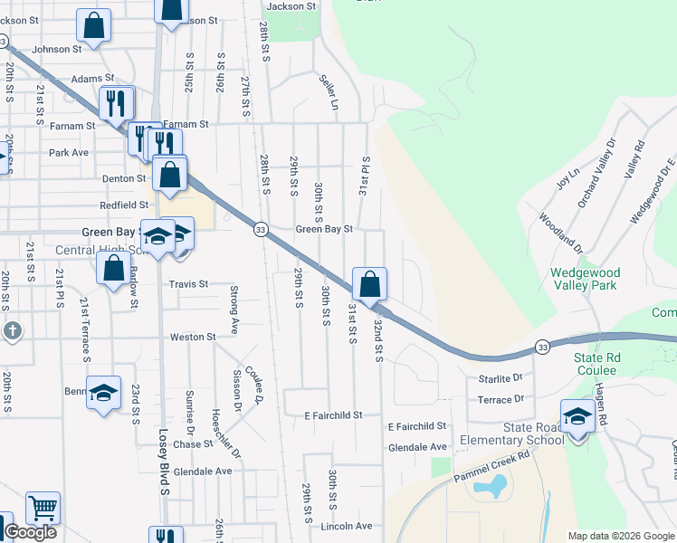 map of restaurants, bars, coffee shops, grocery stores, and more near 1908 30th Street South in La Crosse