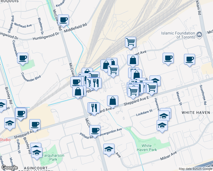 map of restaurants, bars, coffee shops, grocery stores, and more near 105 Nugget Avenue in Toronto