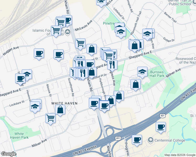 map of restaurants, bars, coffee shops, grocery stores, and more near 80 Orchid Place Drive in Toronto