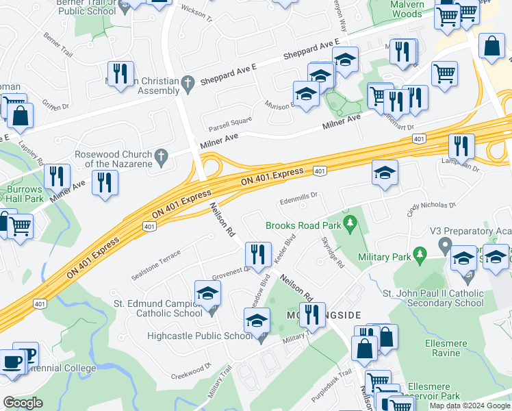 map of restaurants, bars, coffee shops, grocery stores, and more near 56 Sandrift Square in Toronto