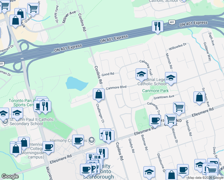 map of restaurants, bars, coffee shops, grocery stores, and more near 11 Canmore Boulevard in Toronto