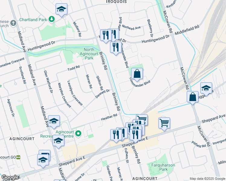 map of restaurants, bars, coffee shops, grocery stores, and more near 2299 Brimley Road in Toronto
