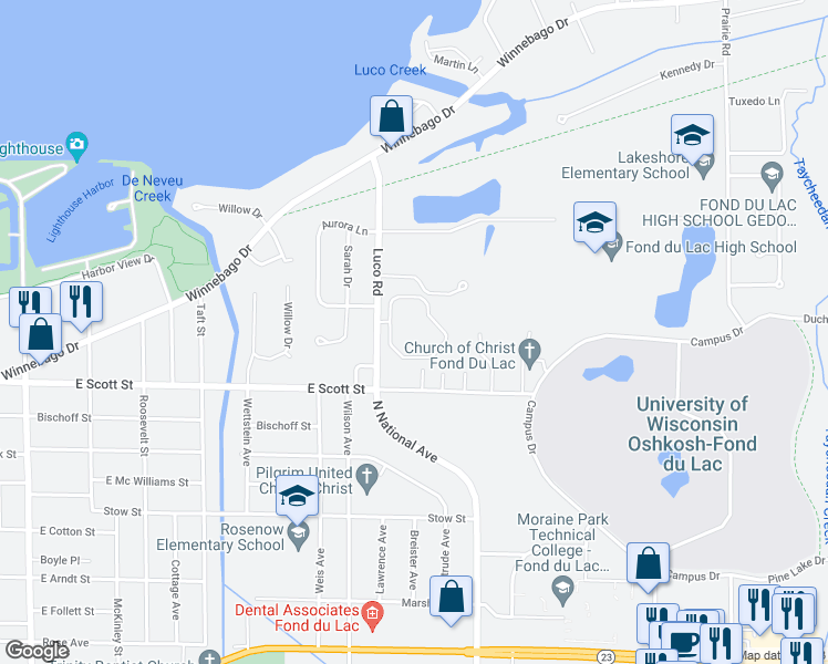 map of restaurants, bars, coffee shops, grocery stores, and more near 517 Luco Road in Fond du Lac