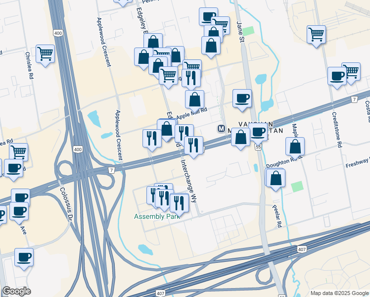 map of restaurants, bars, coffee shops, grocery stores, and more near 3268 Highway 7 in Vaughan