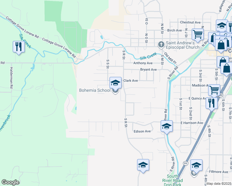 map of restaurants, bars, coffee shops, grocery stores, and more near 721 South R Street in Cottage Grove