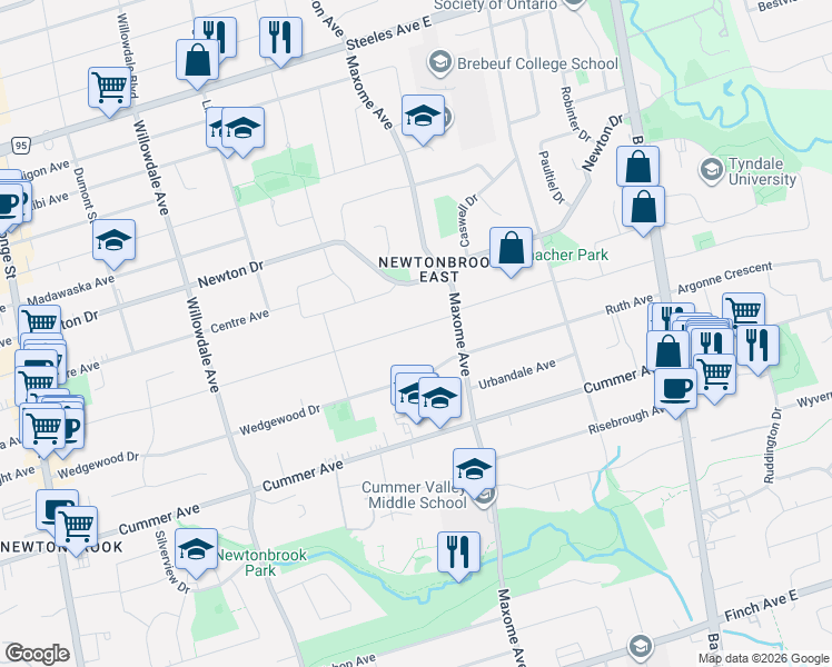 map of restaurants, bars, coffee shops, grocery stores, and more near 157 Northwood Drive in Toronto