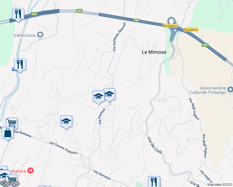 map of restaurants, bars, coffee shops, grocery stores, and more near 177 Via Louis Pasteur in Bordighera