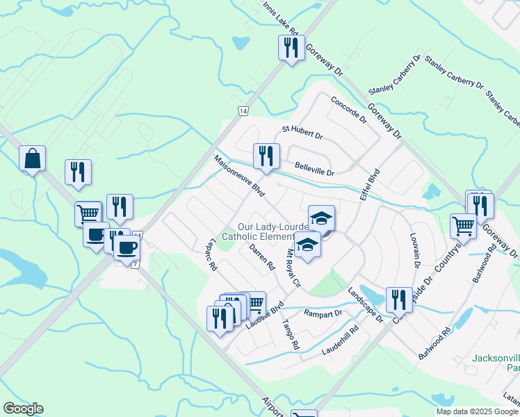 map of restaurants, bars, coffee shops, grocery stores, and more near 74 Regis Circle in Brampton