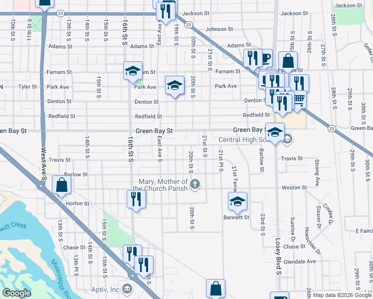 map of restaurants, bars, coffee shops, grocery stores, and more near 1823 20th Street South in La Crosse