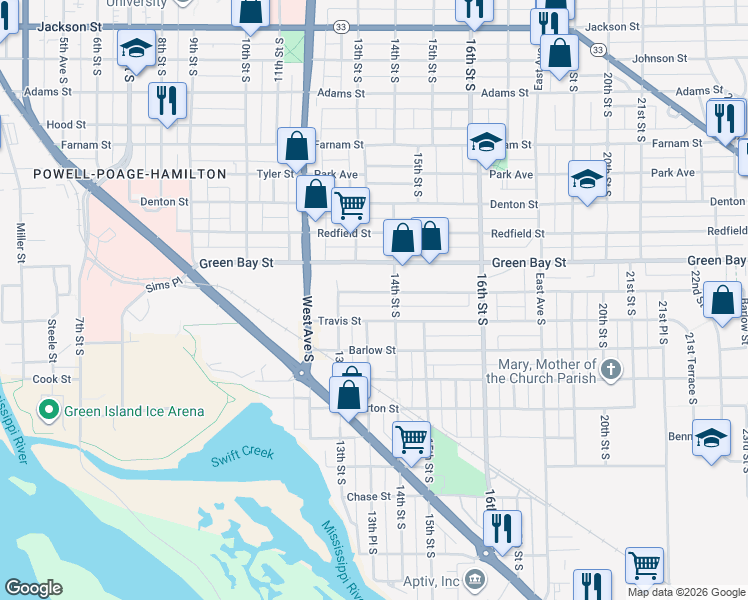 map of restaurants, bars, coffee shops, grocery stores, and more near 1323 Travis Street in La Crosse