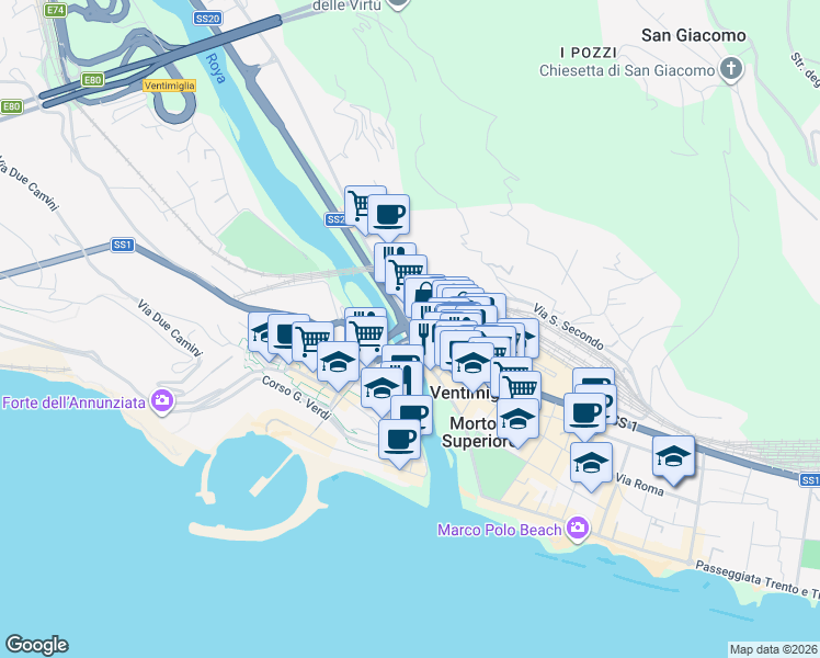 map of restaurants, bars, coffee shops, grocery stores, and more near 4 Lungomare Roia in Ventimiglia