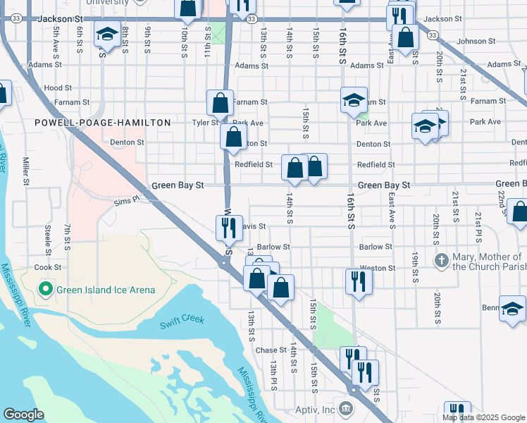 map of restaurants, bars, coffee shops, grocery stores, and more near 1323 Travis Street in La Crosse