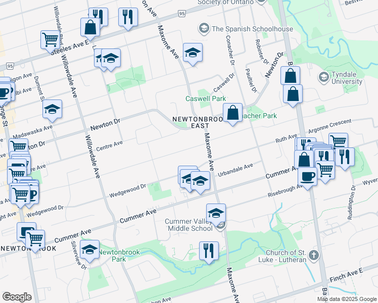 map of restaurants, bars, coffee shops, grocery stores, and more near 157 Northwood Drive in Toronto