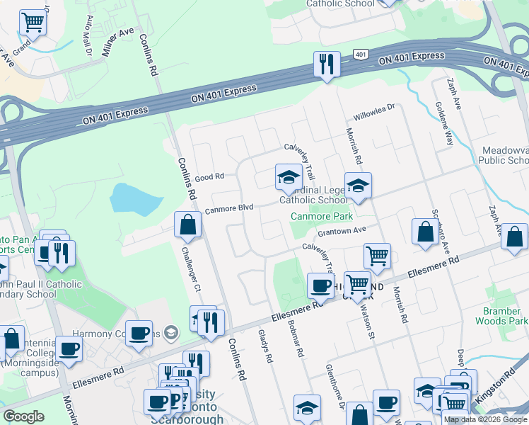 map of restaurants, bars, coffee shops, grocery stores, and more near 3 Parade Square in Toronto