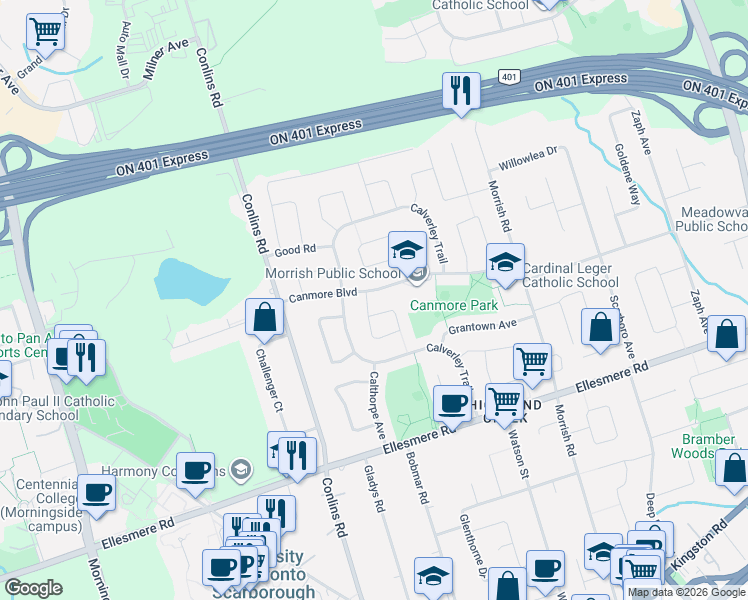 map of restaurants, bars, coffee shops, grocery stores, and more near in Toronto