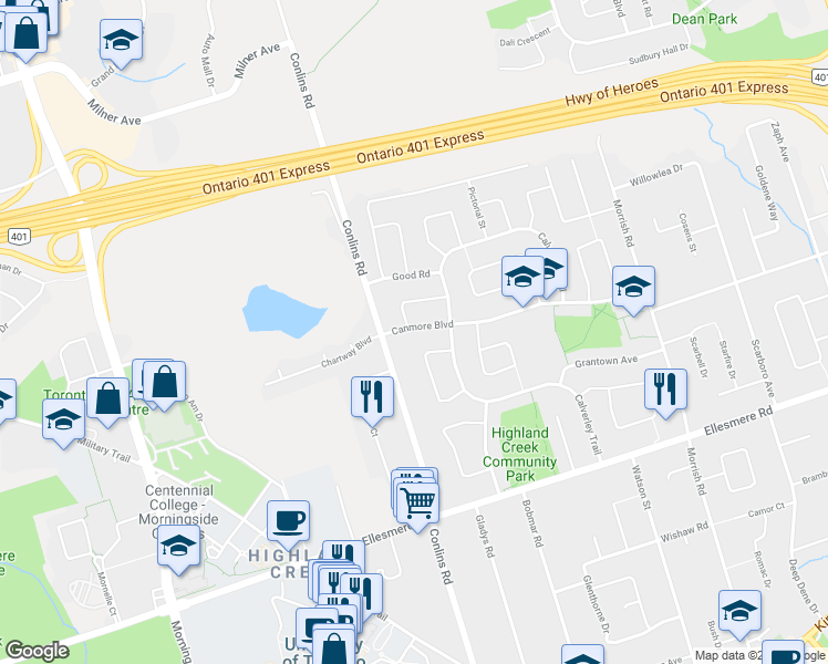 map of restaurants, bars, coffee shops, grocery stores, and more near 11 Canmore Boulevard in Toronto