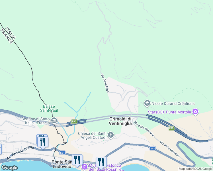 map of restaurants, bars, coffee shops, grocery stores, and more near 8 Via Case Gina in Grimaldi