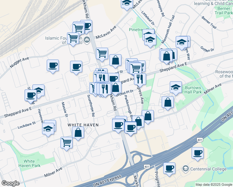 map of restaurants, bars, coffee shops, grocery stores, and more near in Toronto