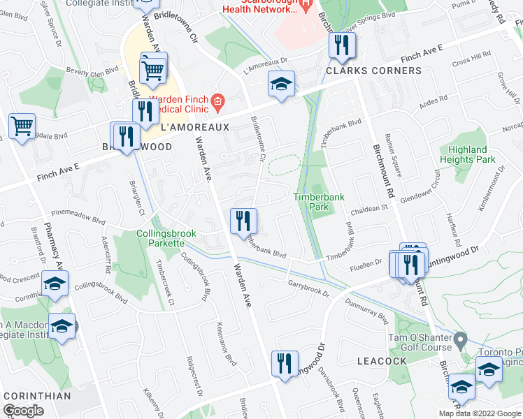 map of restaurants, bars, coffee shops, grocery stores, and more near 24 Carondale Crescent in Toronto