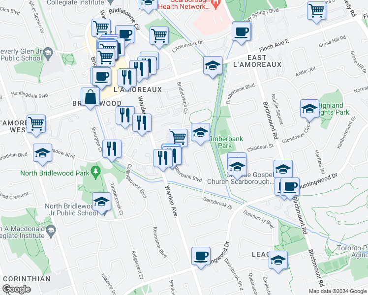 map of restaurants, bars, coffee shops, grocery stores, and more near 24 Carondale Crescent in Toronto
