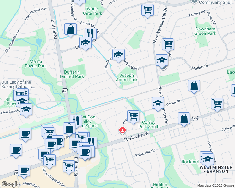 map of restaurants, bars, coffee shops, grocery stores, and more near in Vaughan
