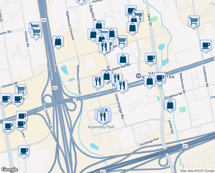 map of restaurants, bars, coffee shops, grocery stores, and more near in Vaughan