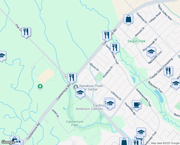 map of restaurants, bars, coffee shops, grocery stores, and more near 27 Sleightholme Crescent in Brampton