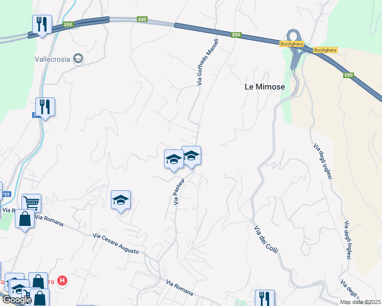 map of restaurants, bars, coffee shops, grocery stores, and more near 177 Via Louis Pasteur in Bordighera