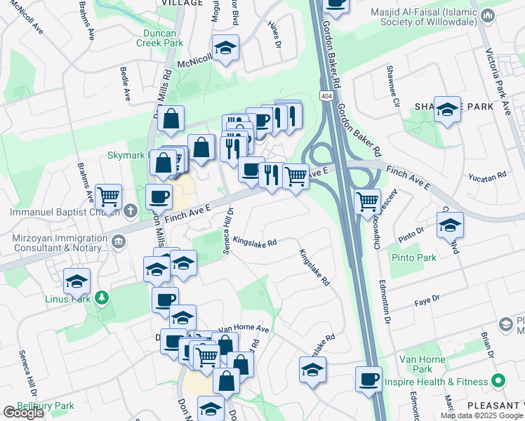 map of restaurants, bars, coffee shops, grocery stores, and more near 29 Whitehorn Crescent in Toronto