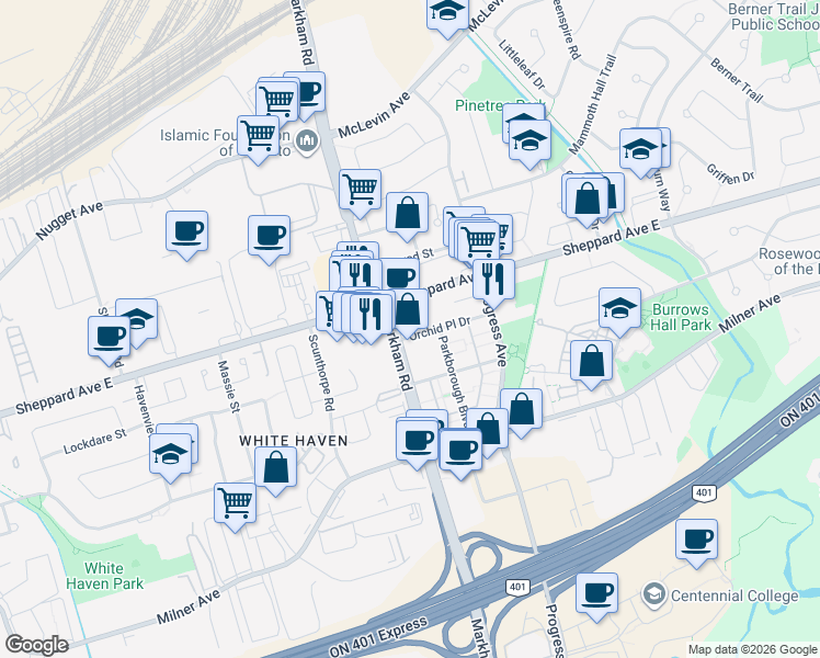 map of restaurants, bars, coffee shops, grocery stores, and more near 20 Orchid Place Drive in Toronto