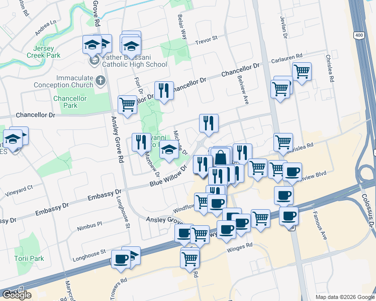map of restaurants, bars, coffee shops, grocery stores, and more near 168 Michelle Drive in Vaughan