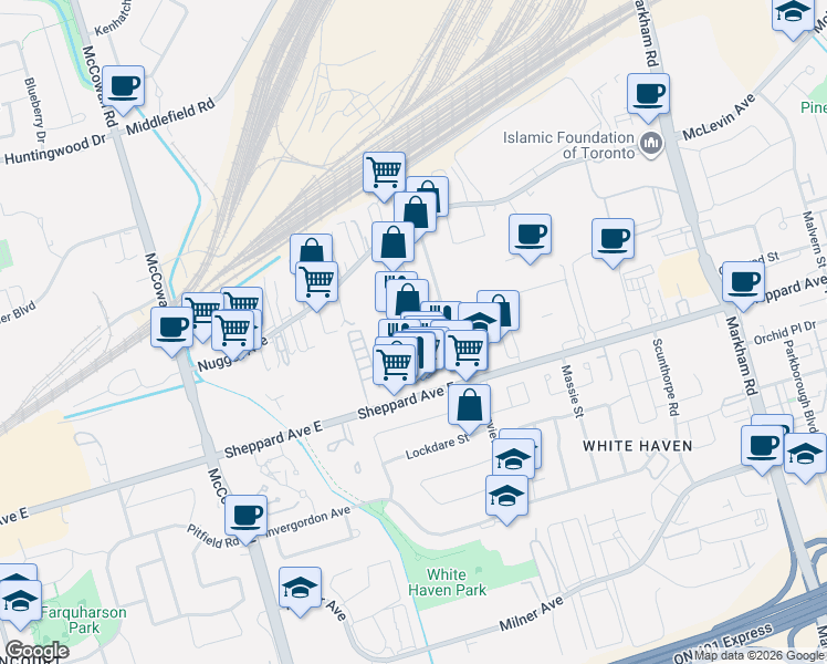 map of restaurants, bars, coffee shops, grocery stores, and more near 152 Shorting Road in Toronto