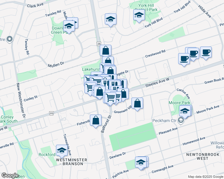 map of restaurants, bars, coffee shops, grocery stores, and more near 7011 Bathurst Street in Vaughan