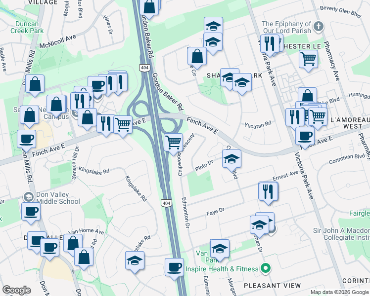 map of restaurants, bars, coffee shops, grocery stores, and more near 53 Chipwood Crescent in Toronto