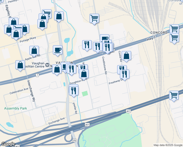 map of restaurants, bars, coffee shops, grocery stores, and more near 133 Maplecrete Road in Vaughan
