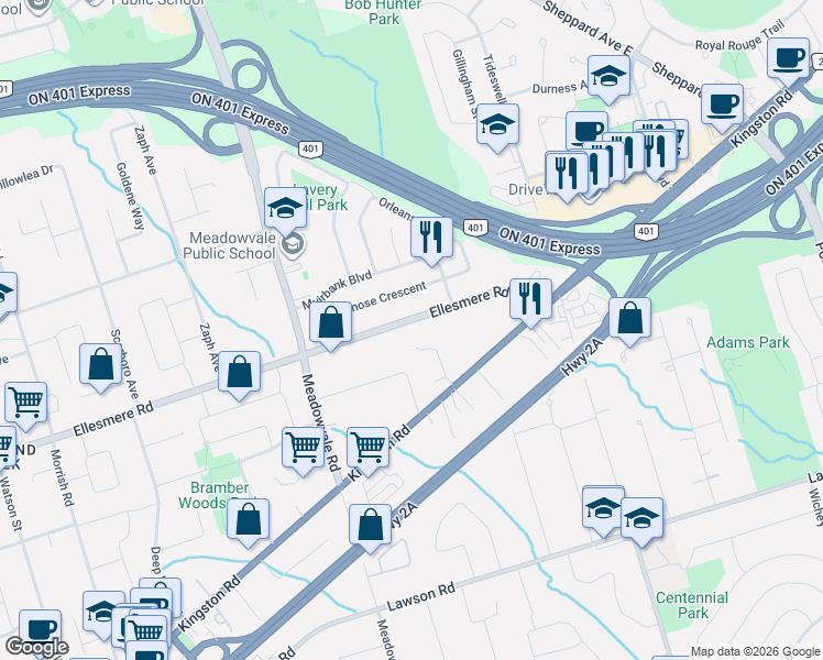 map of restaurants, bars, coffee shops, grocery stores, and more near 4029 Ellesmere Road in Toronto