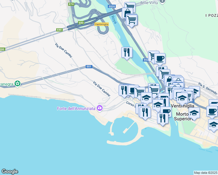 map of restaurants, bars, coffee shops, grocery stores, and more near 17 Via Forte San Paolo in Ventimiglia