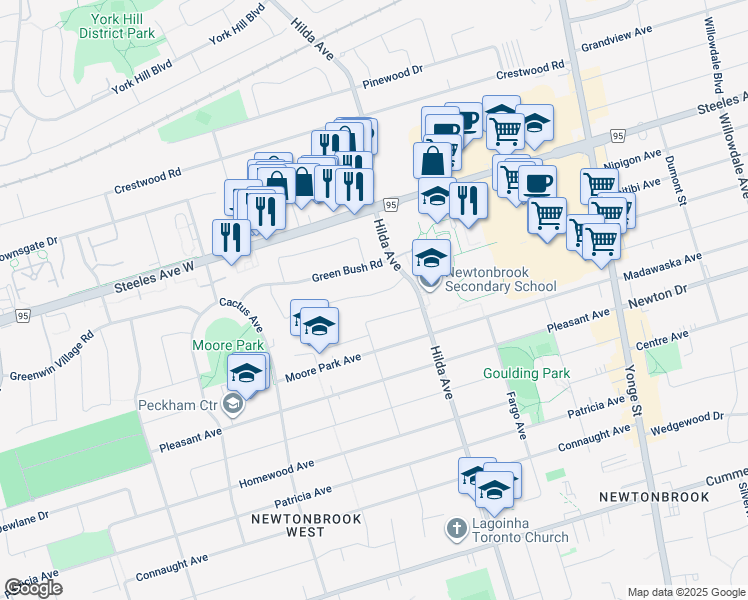 map of restaurants, bars, coffee shops, grocery stores, and more near 27 Fontainbleau Drive in Toronto
