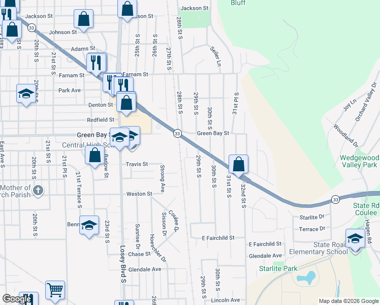 map of restaurants, bars, coffee shops, grocery stores, and more near 1908 29th Street South in La Crosse