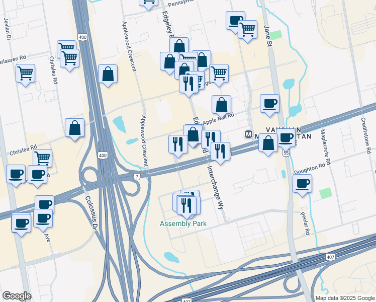 map of restaurants, bars, coffee shops, grocery stores, and more near 3320 Highway 7 in Vaughan