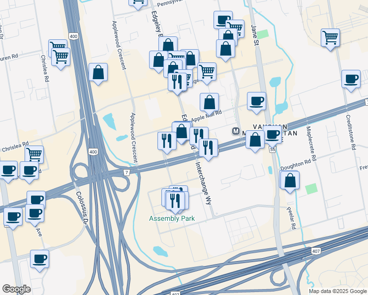 map of restaurants, bars, coffee shops, grocery stores, and more near in Vaughan