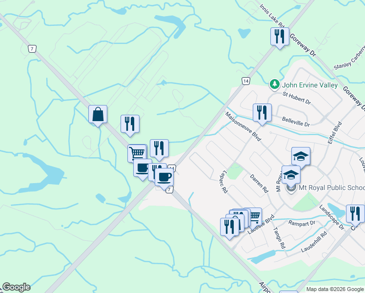 map of restaurants, bars, coffee shops, grocery stores, and more near 6086 Mayfield Road in Caledon East