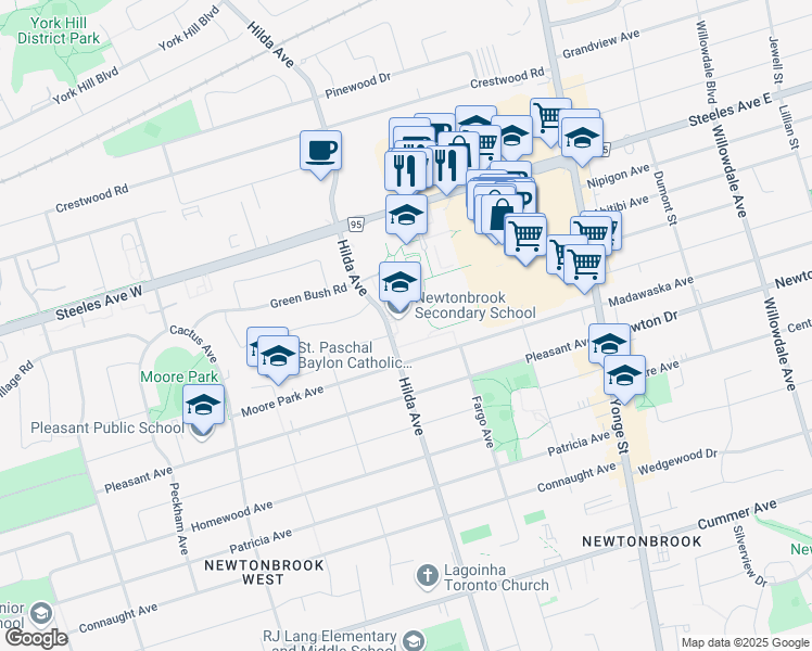 map of restaurants, bars, coffee shops, grocery stores, and more near 155 Hilda Avenue in Toronto