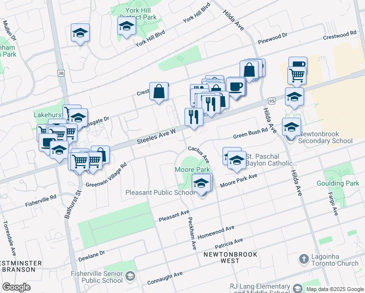 map of restaurants, bars, coffee shops, grocery stores, and more near 150 Cactus Avenue in Toronto